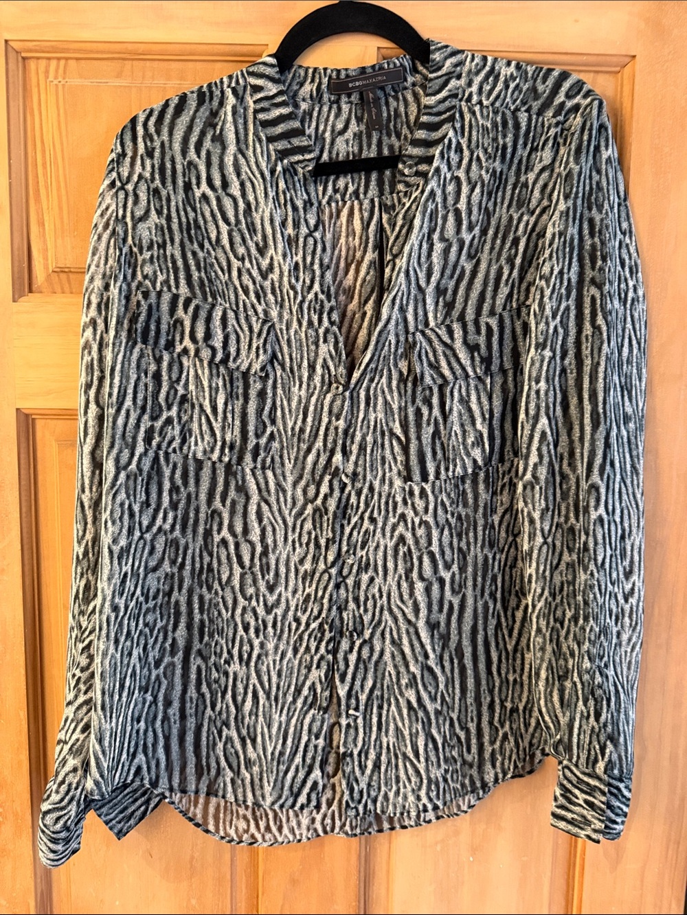 BCBGMaxAzria Black and White Animal Print Button-Down Shirt